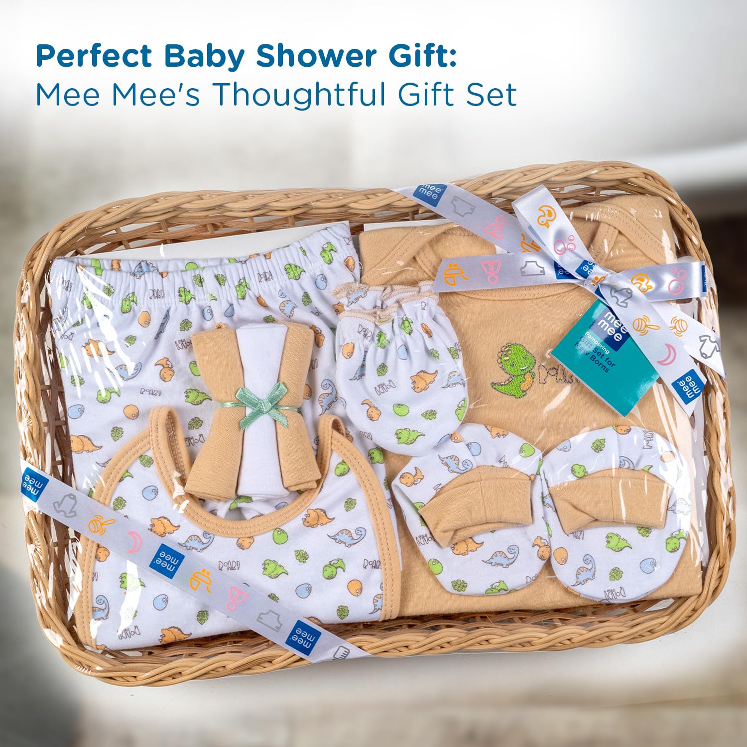 Mee Mee New Born Basket Baby Gift Set | Soft Cotton Clothing Essentials For Infants/Baby Girls, Boys | Baby Shower Clothing Hamper | 8 Pieces | (Square, Brown)