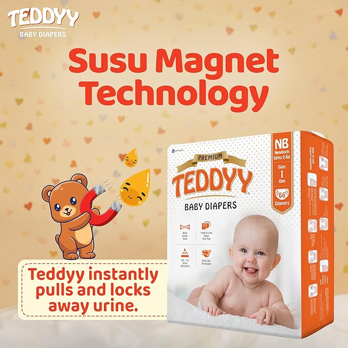 Premium Teddyy Baby Diapers Tapes Premium New Born 66 Count (Pack Of 1), 2-5 Kgs, High Absorbency, Anti - Bacterial (Up To 5 Kg)  NB66