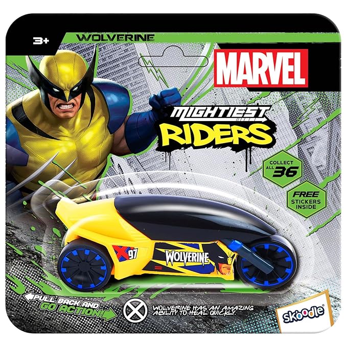 SKOODLE Marvel Pull-Back Rider Bike for Kids - Wolverine Edition Motorcycles, Marvel Inspired Toy Bikes, Sturdy & Durable Toys, Enhances Motor Skills and Fun Vehicle Toy for Gift - Yellow