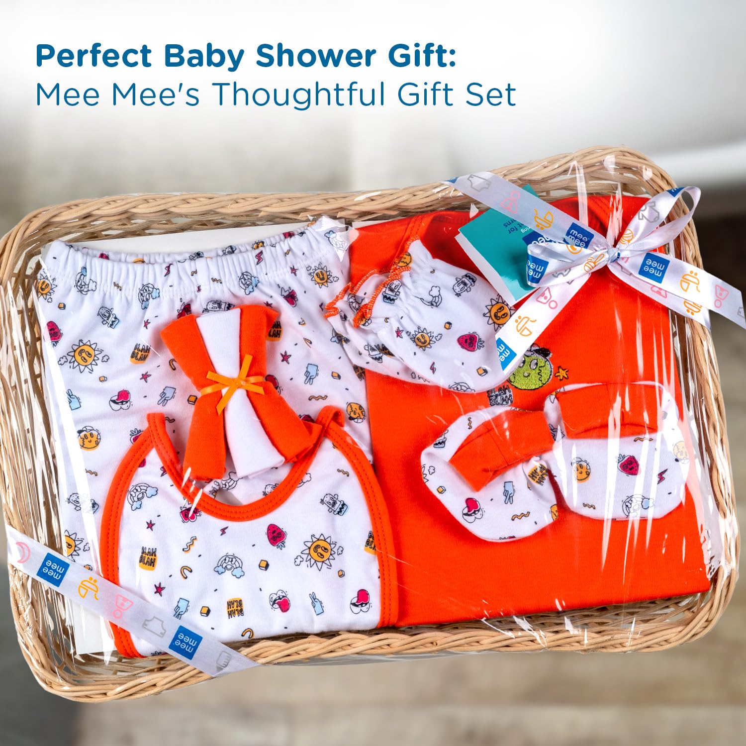 Mee Mee New Born Basket Baby Gift Set | Soft Cotton Clothing Essentials for Infants/Baby Girls, Boys | Baby Shower Clothing Hamper | 8 Pieces | (Square, Orange)