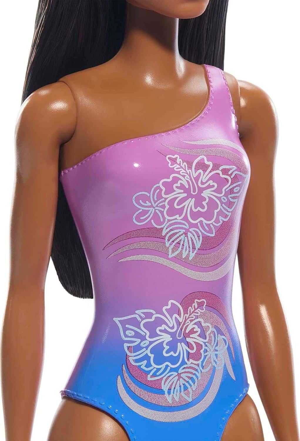 Beach Barbie Doll With Dark Brown Hair Wearing Tropical Purple Swimsuit