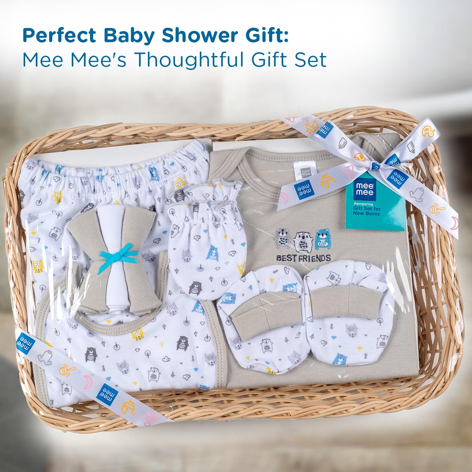 Mee Mee New Born Basket Baby Gift Set | Soft Cotton Clothing Essentials for Infants/Baby Girls, Boys | Baby Shower Clothing Hamper | 8 Pieces | (Square, Grey)