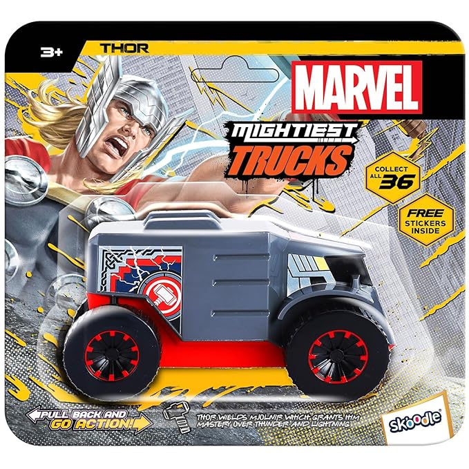 SKOODLE Kid Marvel Pull-Back Monster Truck - Thor Edition, Marvel Inspired Toy Bikes with Sturdy and Long-Lasting Construction, Enhances Motor Skills and Fun Vehicle Toy for Gifting - Grey