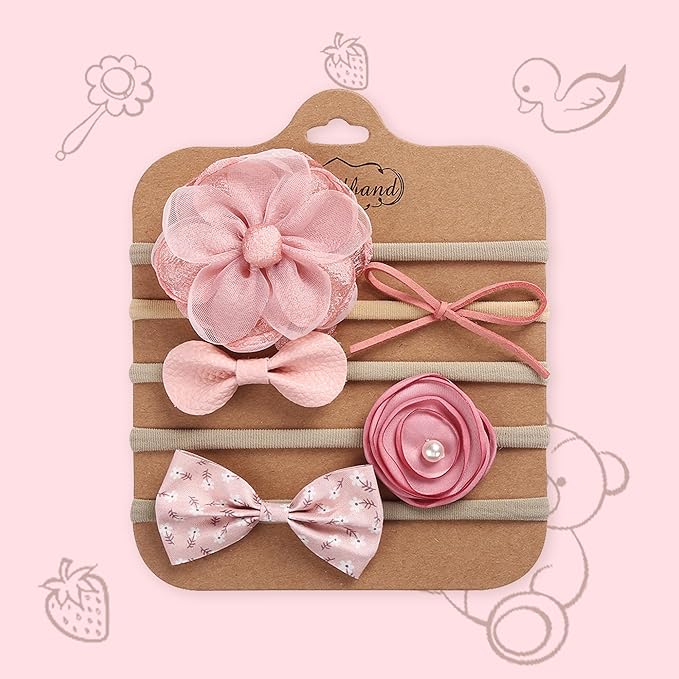 Polka Tots Pack of 5 Floral and Bow Headbands Set - Pink Theme