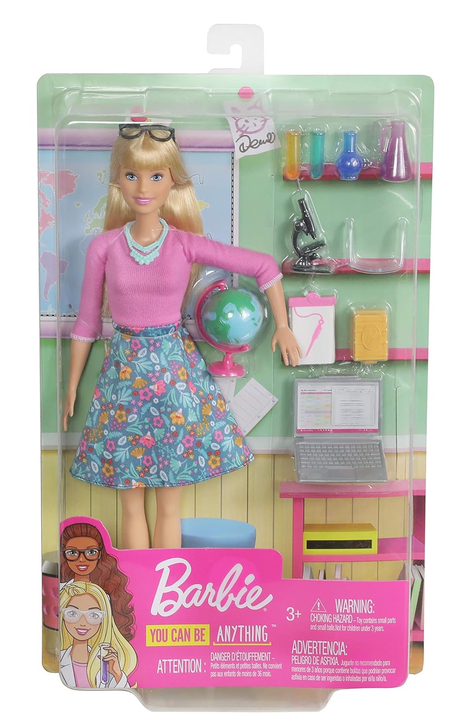 Barbie Teacher Doll Blonde with 10 Teaching Accessories Including Spinning Globe and a Laptop That O