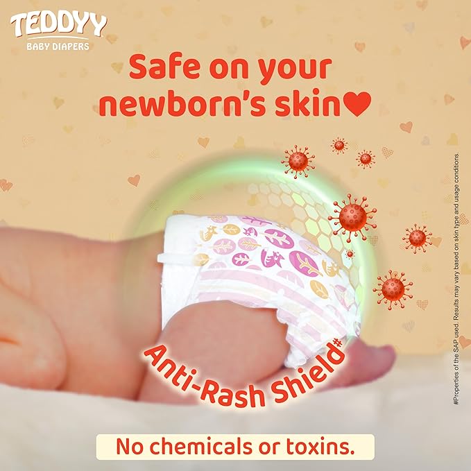 Premium Teddyy Baby Diapers Tapes Premium New Born 66 Count (Pack Of 1), 2-5 Kgs, High Absorbency, Anti - Bacterial (Up To 5 Kg)  NB66