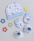 White & Sky Blue Boys Cotton Cap Mitten Bootie Set