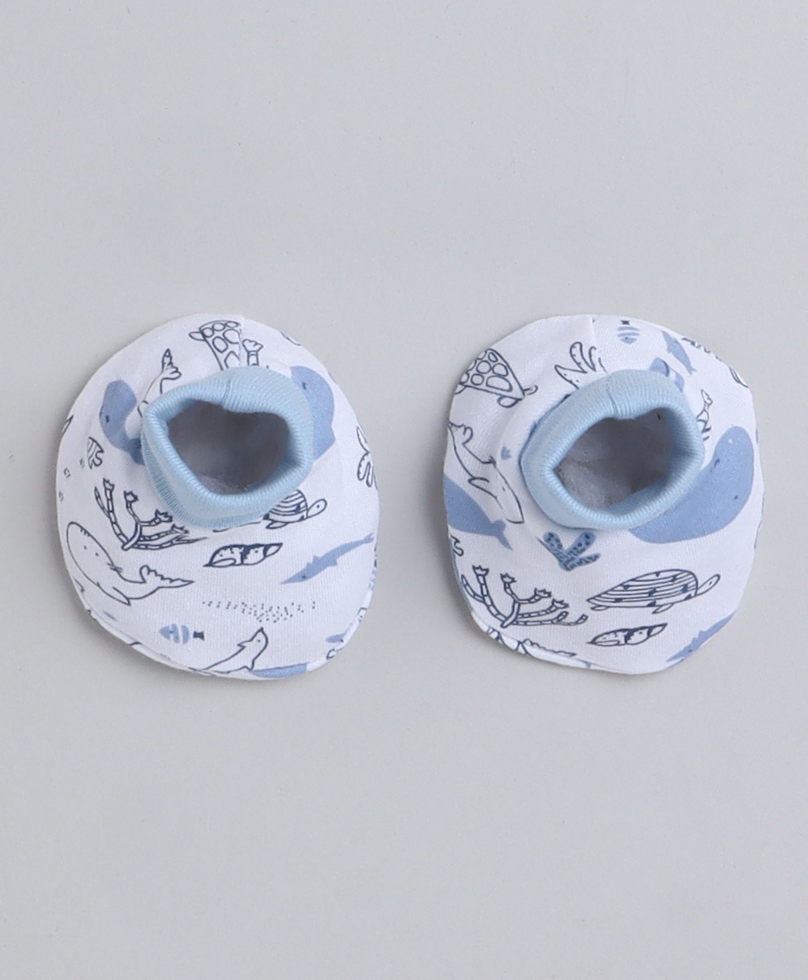 White & Sky Blue Boys Cotton Cap Mitten Bootie Set