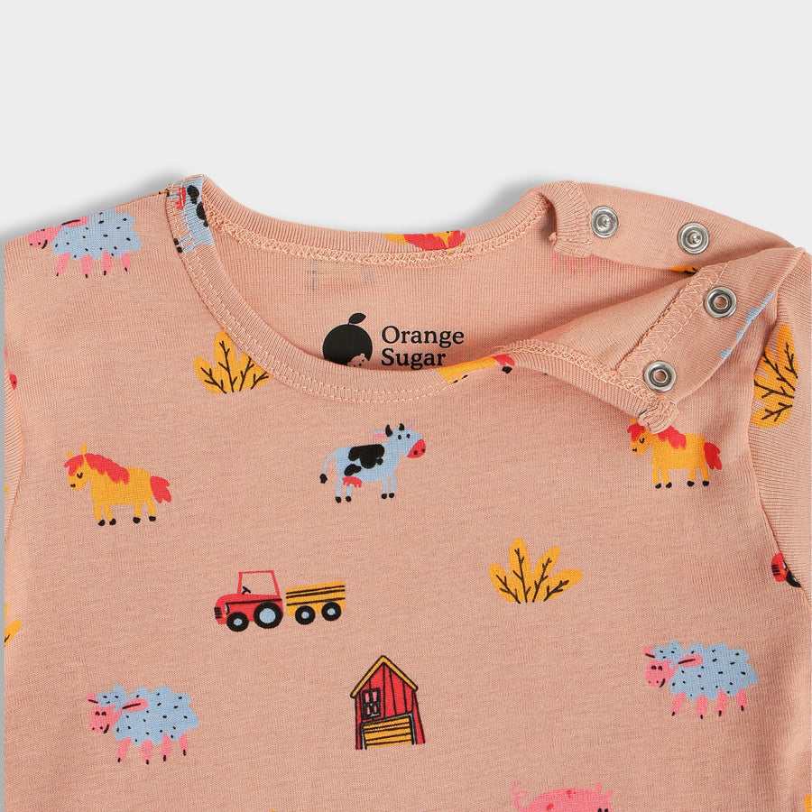Multicolour Farm Animals Print Cotton Full Sleeves Bodysuit