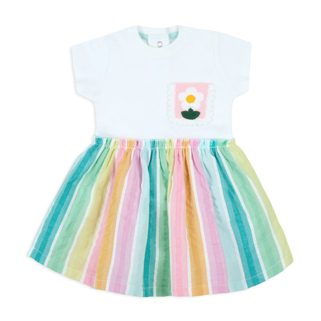 Rainbow Seersucker Stripes Mix-Media Dress With Hairband(Multi)