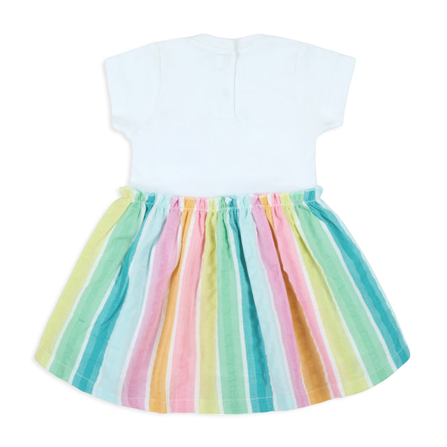 Rainbow Seersucker Stripes Mix-Media Dress With Hairband(Multi)