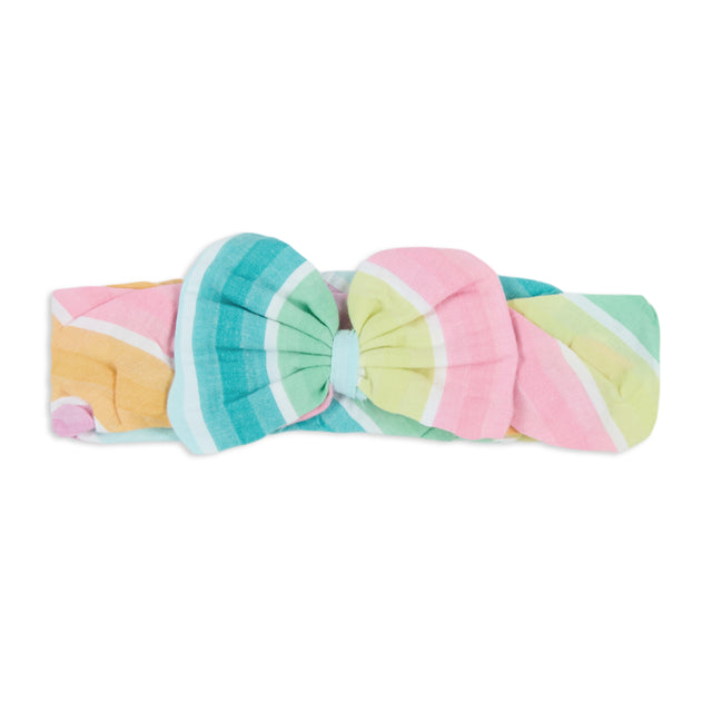 Rainbow Seersucker Stripes Mix-Media Dress With Hairband(Multi)