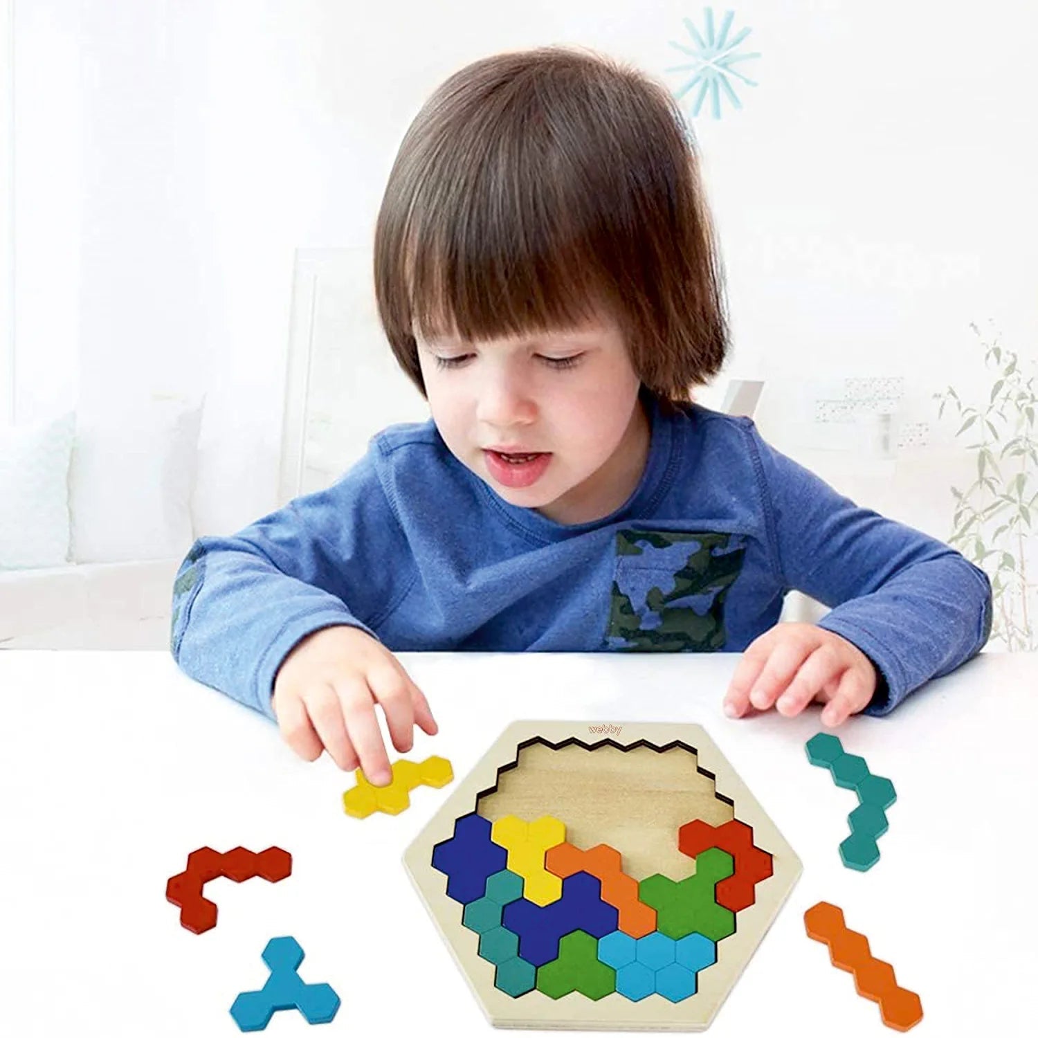 Webby Hexagonal Wooden Tetris Brain Teaser Puzzle