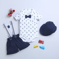 Navy & White Boys Half Sleeves Bodysuit & Short Set With Bow Suspender & Cap