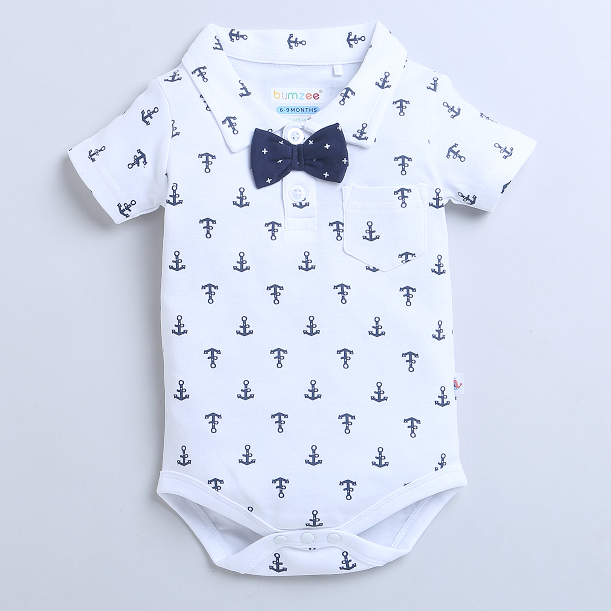 Navy & White Boys Half Sleeves Bodysuit & Short Set With Bow Suspender & Cap