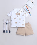 White & Brown Boys Half Sleeves T-shirt & Short Set With Bow Suspender
