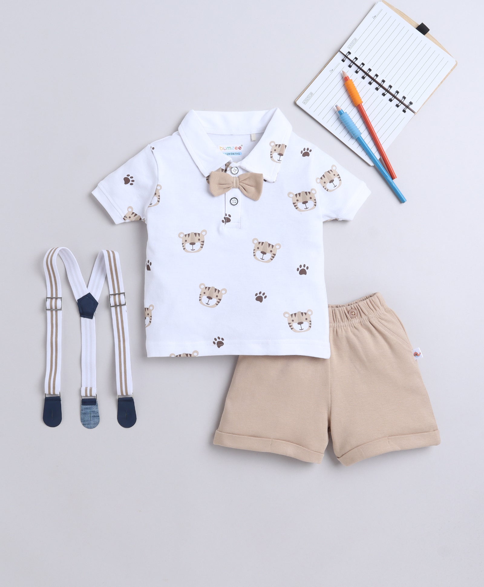 White & Brown Boys Half Sleeves T-shirt & Short Set With Bow Suspender