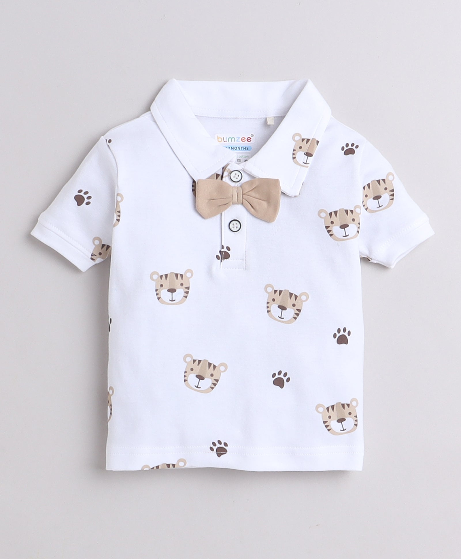White & Brown Boys Half Sleeves T-shirt & Short Set With Bow Suspender