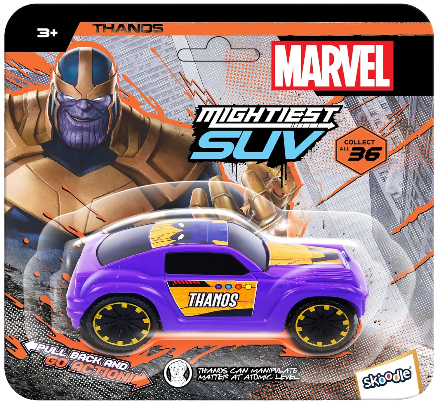 SKOODLE Kid Marvel Pull-Back SUV - Thanos Edition, Marvel Inspired Toy Bikes with Sturdy and Long-Lasting Construction, Enhances Motor Skills and Fun Vehicle Toy for Gifting - Purple