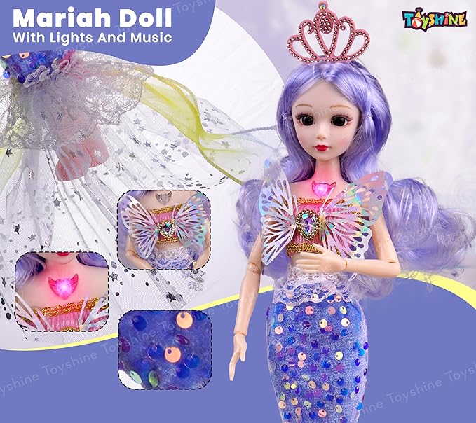 Toyshine 13" Musical Mariah Fashion Doll with 3D Eyes, Folding Hands & Glittering Dress Pretend Play Gift for Girls Kids Role Play Toy for Age 3+, Blue