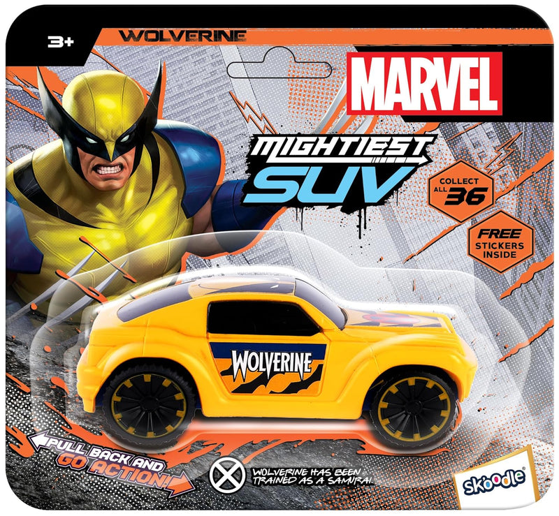 SKOODLE Marvel Pull-Back SUV - Wolverine Edition, Marvel Inspired Toy Bikes with Sturdy and Long-Lasting Construction, Enhances Motor Skills and Fun Vehicle Toy for Gifting - Yellow