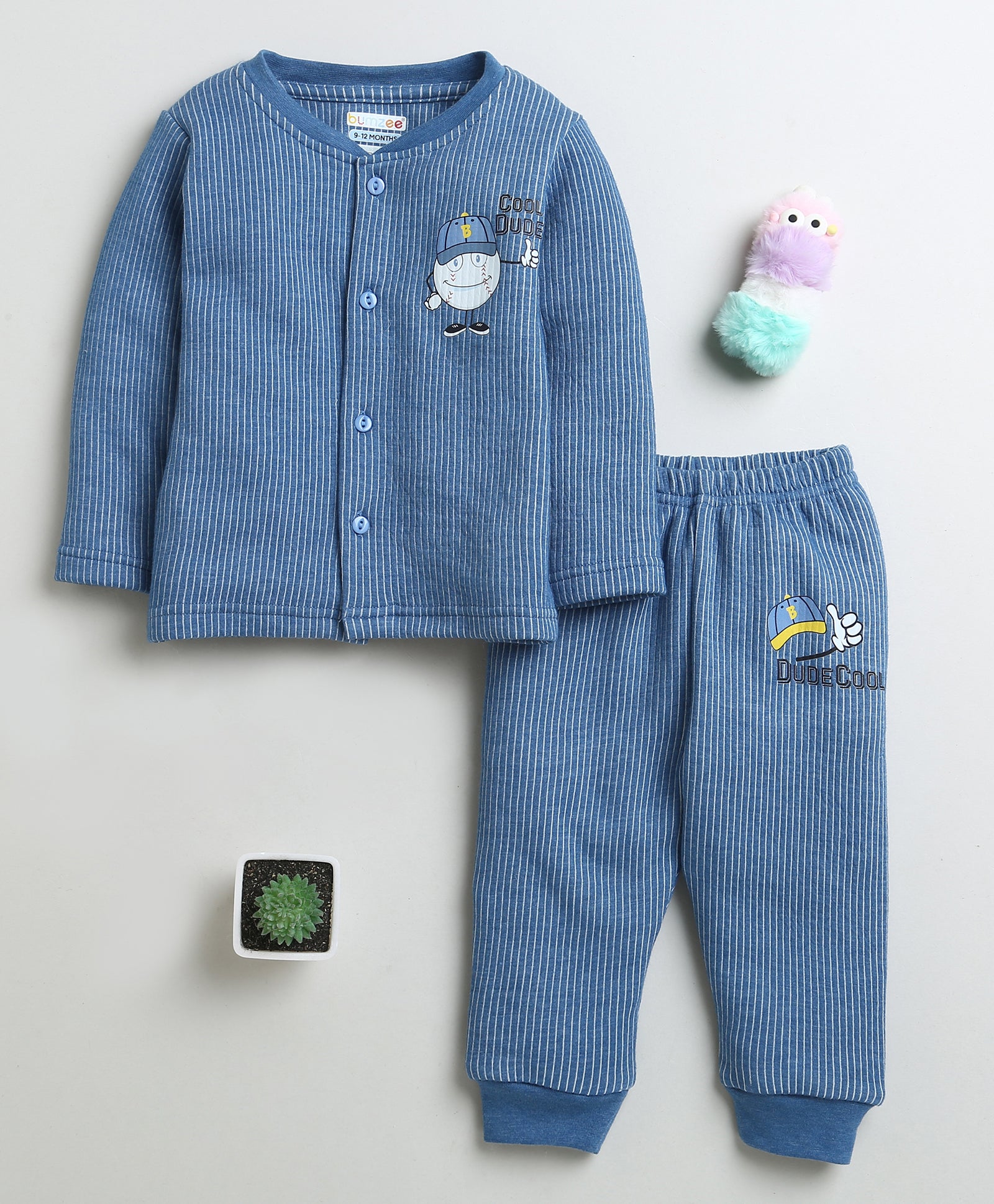 Indigo Blue Boys Full Sleeves Cotton Thermal Jabla & Jogger Set