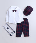 Navy & White Boys Full Sleeves Shirt Pant Set With Suspender & Cap