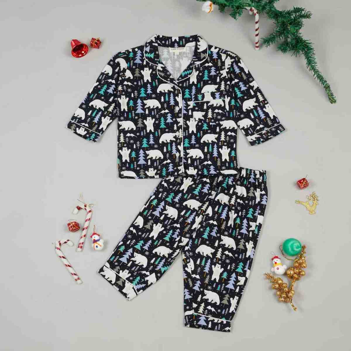 Blue Polar Bear Tree Print Winter Night Suit