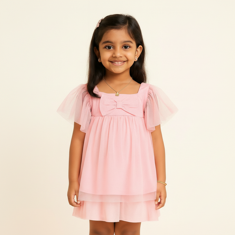 Pink Glitter Mesh Overlay Dress/Tunic Top With Oversized Bow