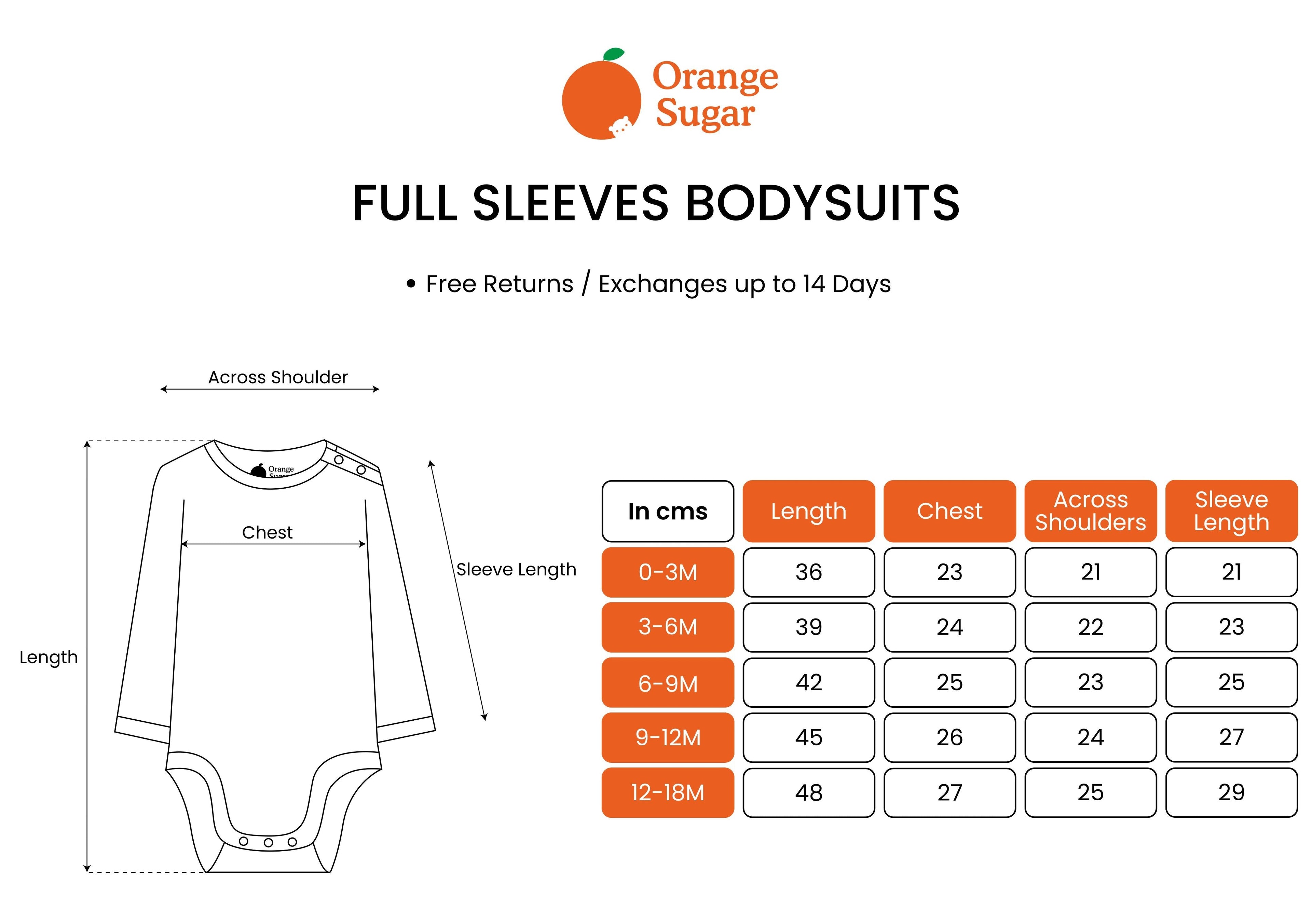 Orange Solid Cotton Full Sleeves Bodysuit