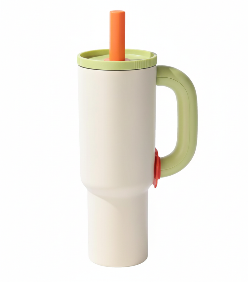 Cpensus 1200Ml Stainless Steel Tumbler With Lid And Straw, Hot And Cold With Handle, 100% Leak Proof Mug Cupholder For Travelling, Gym (Cream + Green)