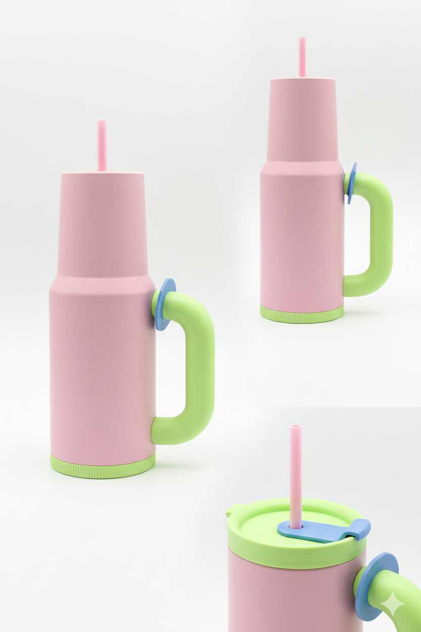 Cpensus 1200Ml Stainless Steel Tumbler With Lid And Straw, Hot And Cold With Handle, 100% Leak Proof Mug Cupholder For Travelling, Gym (Cream + Pink)