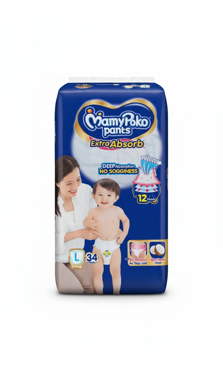 Mamypoko Pants Extra Absorb Baby Diapers, Large (L Size) | 9-14 Kg | 34 Count
