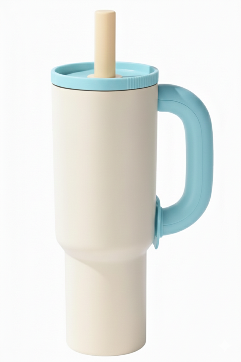 Cpensus 1200Ml Stainless Steel Tumbler With Lid And Straw, Hot And Cold With Handle, 100% Leak Proof Mug Cupholder For Travelling, Gym (Cream + Blue)