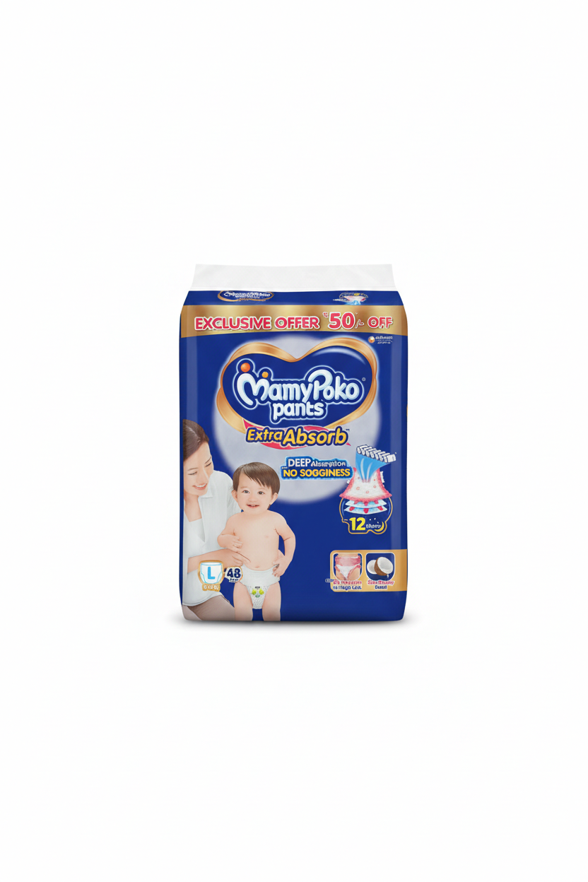 Mamypoko Pants Extra Absorb Baby Diapers, Large (L Size) | 9-14 Kg | 48 Count
