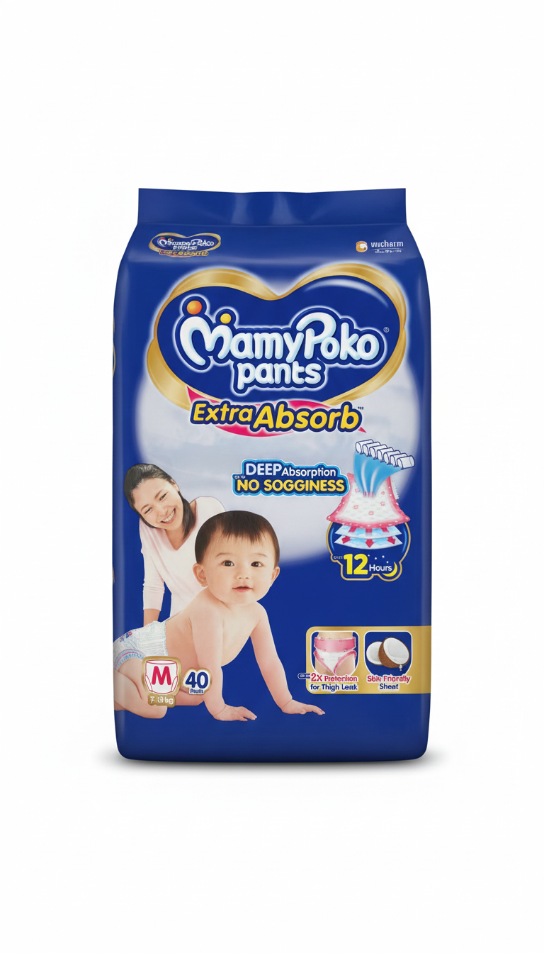 Mamypoko Pants Extra Absorb Baby Diapers, Medium (M Size) | 7-12 Kg | 40 Count