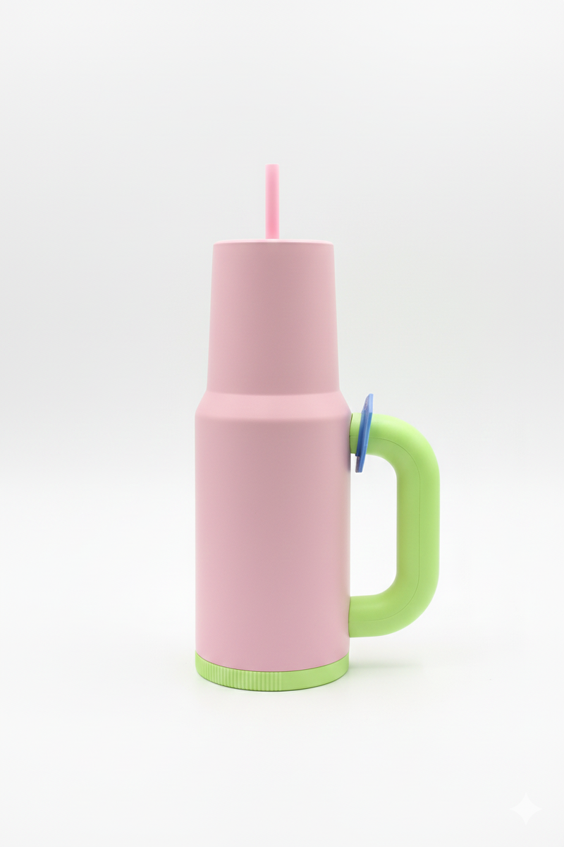 Cpensus 1200Ml Stainless Steel Tumbler With Lid And Straw, Hot And Cold With Handle, 100% Leak Proof Mug Cupholder For Travelling, Gym (Cream + Pink)