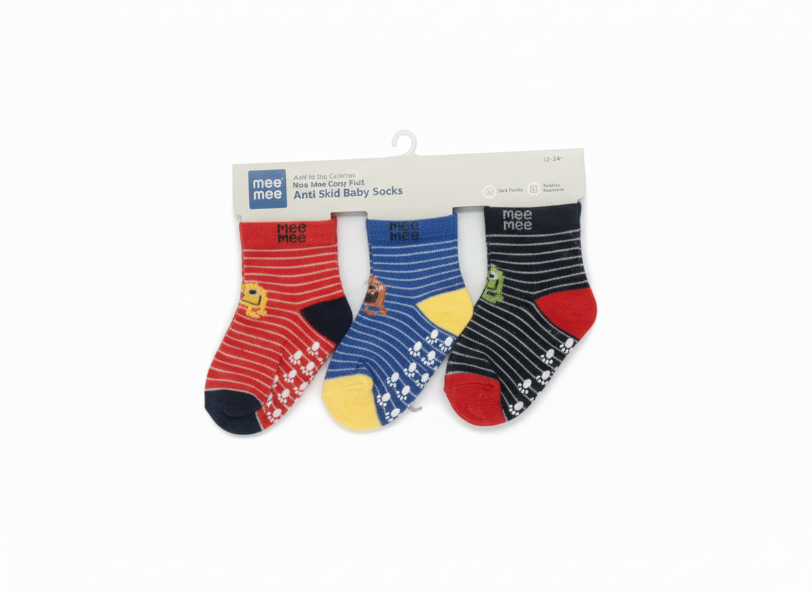 Mee Mee Cozy Feet Anti Skid Baby Socks Pack of 3 (Red, Blue, Black)