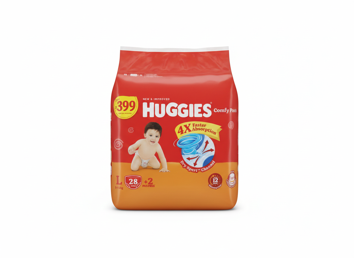 Huggies Comfy Pants Baby Diaper, Large (L) Size (9-14 Kgs), Pack Of 28+2 Free