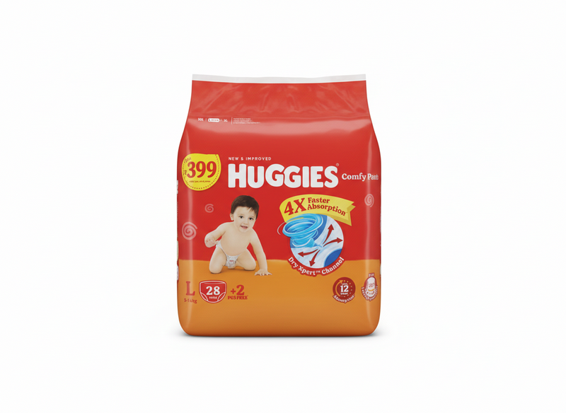 Huggies Comfy Pants Baby Diaper, Large (L) Size (9-14 Kgs), Pack Of 28+2 Free
