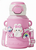 Cute Bunny Kids Insulated Water Bottle with Strap (Pink)