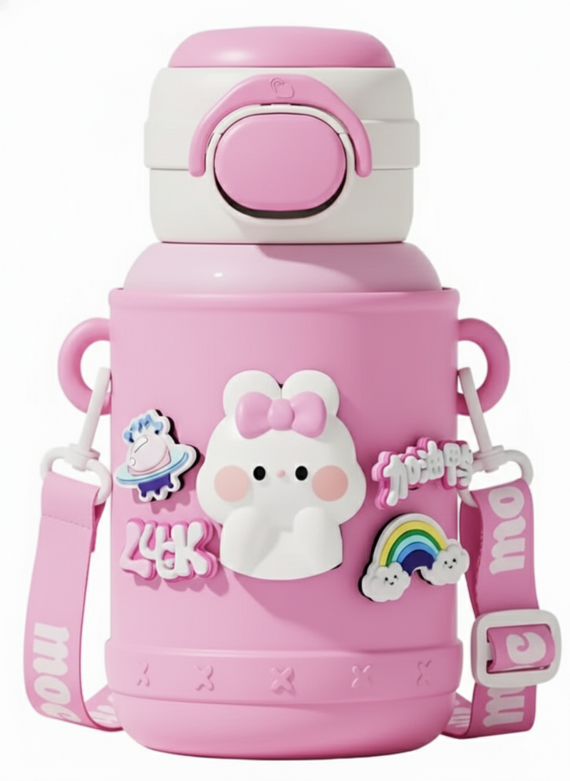 Cute Bunny Kids Insulated Water Bottle with Strap (Pink)