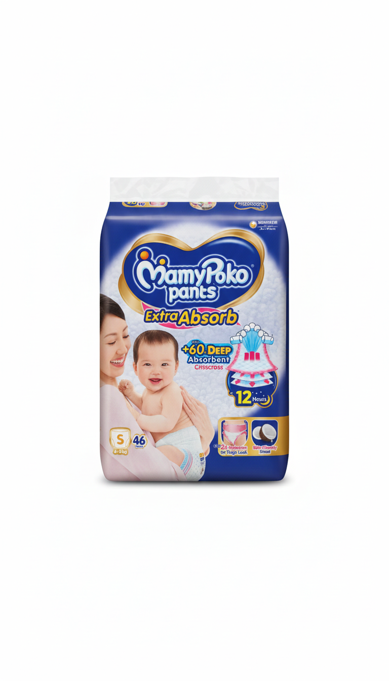 Mamypoko Pants Extra Absorb Baby Diapers, Small (S Size) | 4-8 Kg | 46 Count