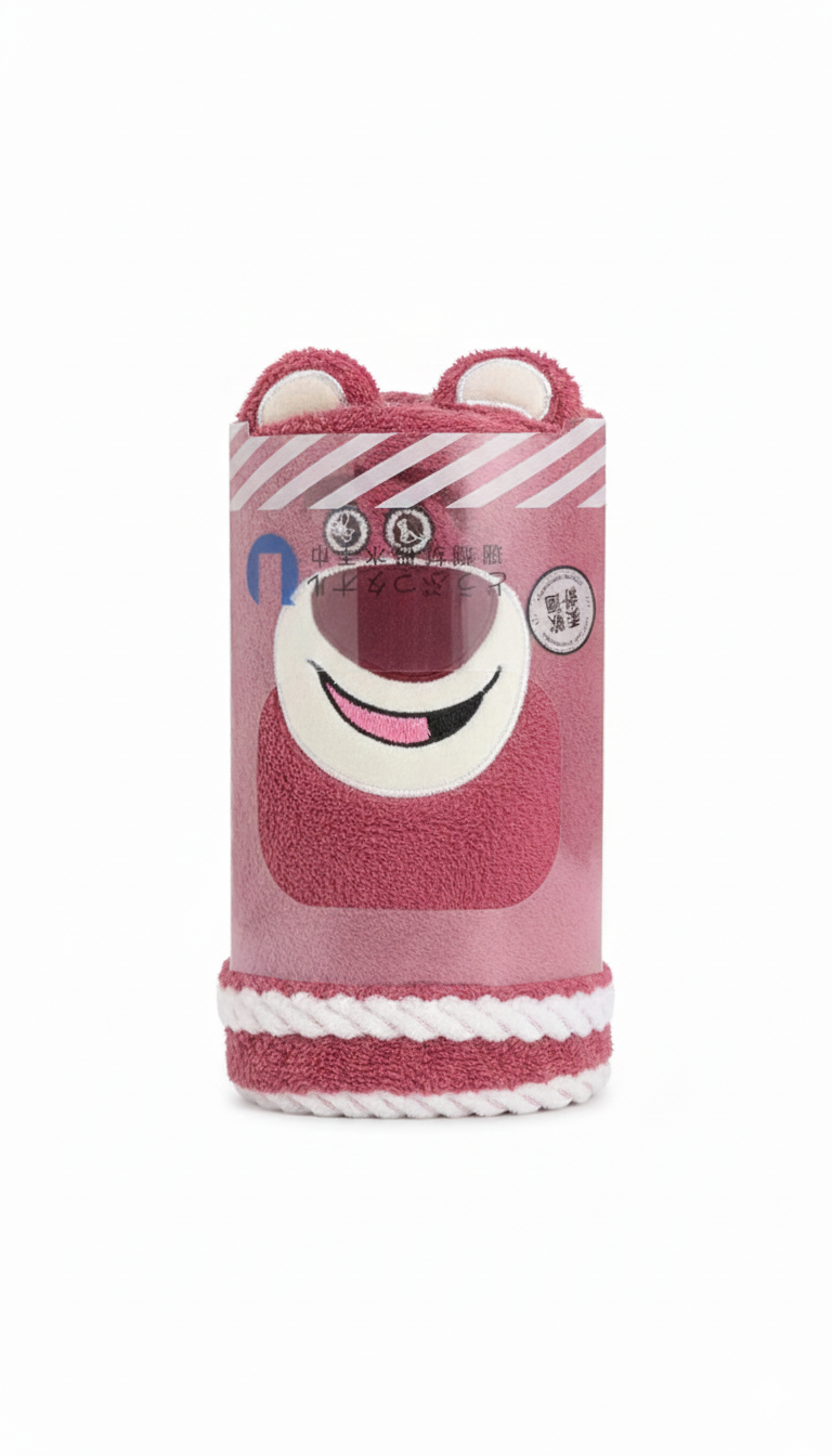 Cute Cartoon Bear Face Rolled Hand Towel With Hanging Rope – Pink