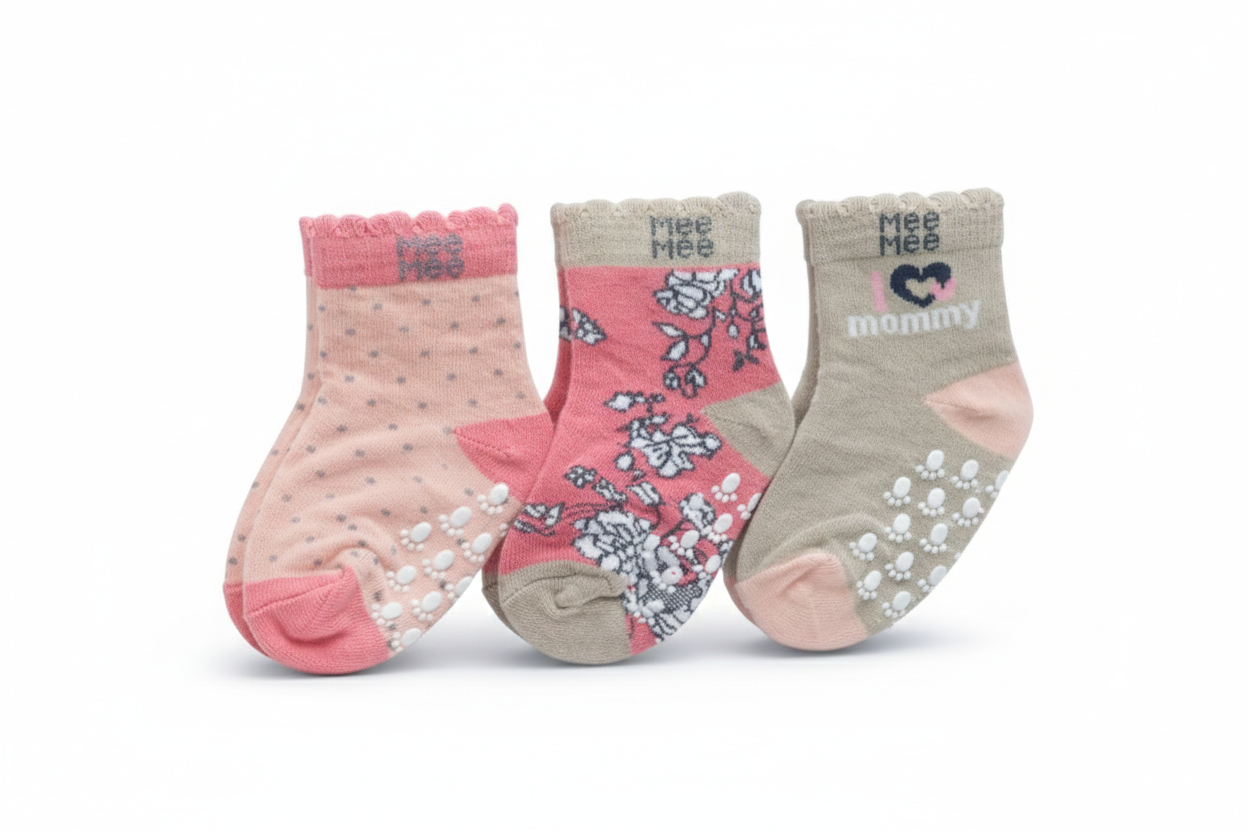 Mee Mee Cozy Feet Anti Skid Baby Socks Pack of 3 (Grey, Pink, Peach)