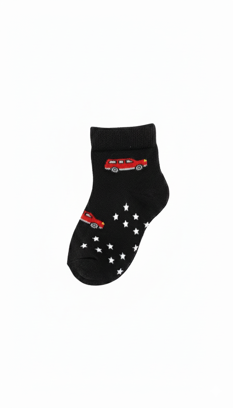 Kids Fancy Boys Ankle Socks Black With Car Design