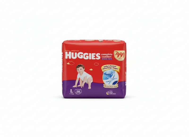 Huggies Complete Comfort Wonder Pants | Pant Style Baby Diapers Medium Size (L) 58 Count Ideal For  (9 - 14 Kgs)