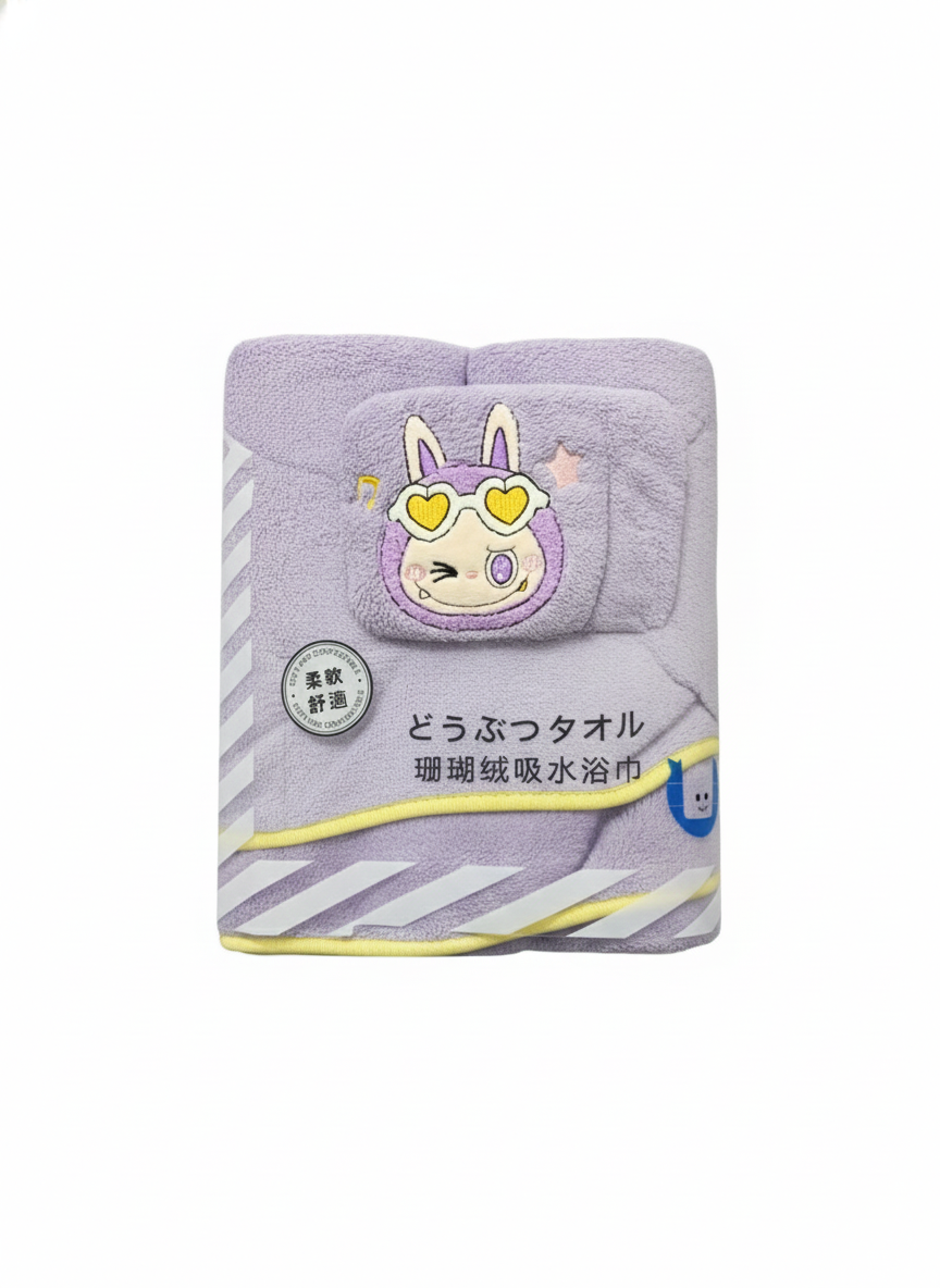 Cute Bunny Hooded Coral Fleece Bath Towel – Soft & Absorbent Kids Towel