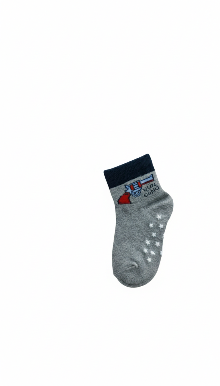 Kids Fancy Boys Ankle Socks Grey With Gun Design