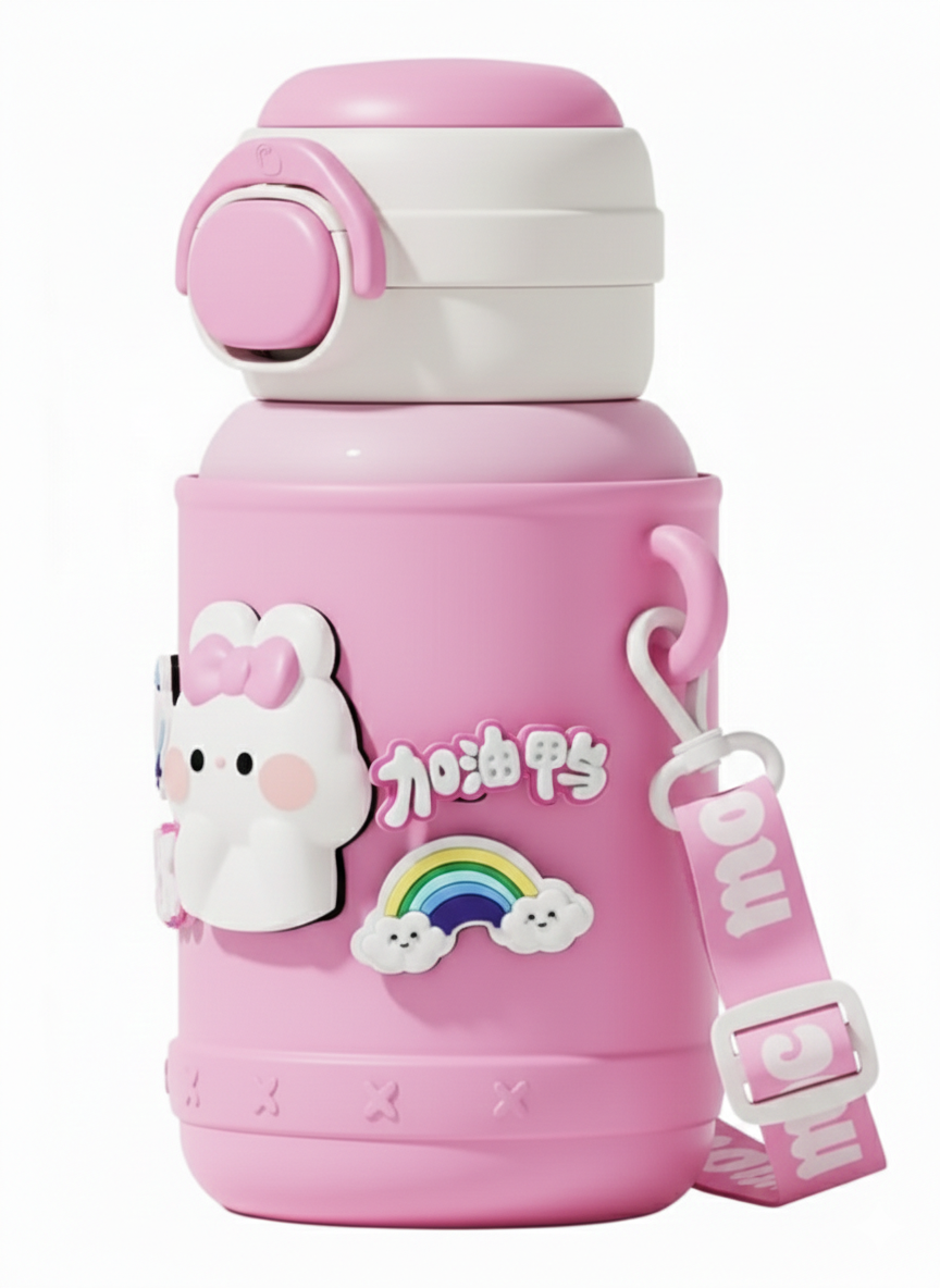 Cute Bunny Kids Insulated Water Bottle with Strap (Pink)